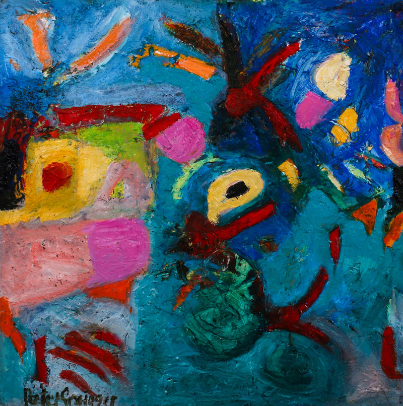 An abstract expressionist painting featuring a vibrant blue background with expressive brushstrokes in red, pink, yellow, green, and white, signed 'Peter Paul Rubens' in the bottom-left corner.