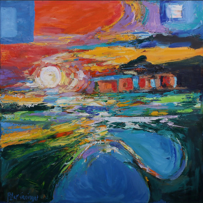 Colorful abstract painting of a landscape with a house and sunset.
