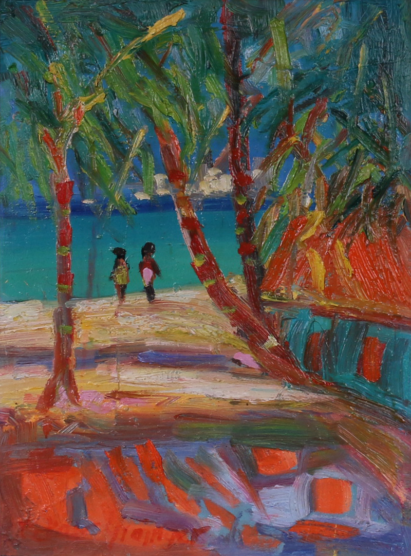 Colorful abstract painting of two people walking along a beach with trees and water.