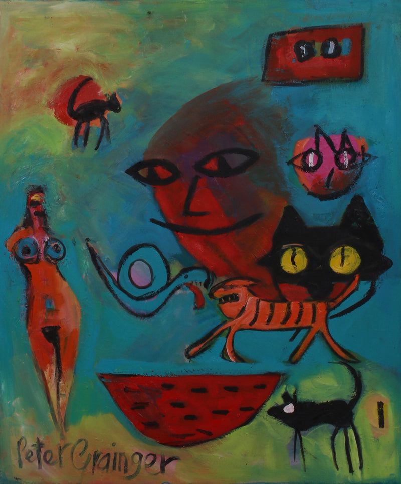 An abstract painting by Peter Grainger featuring stylized figures, animals, and geometric shapes in vibrant blue, green, red, orange, and black, presented on a black background.