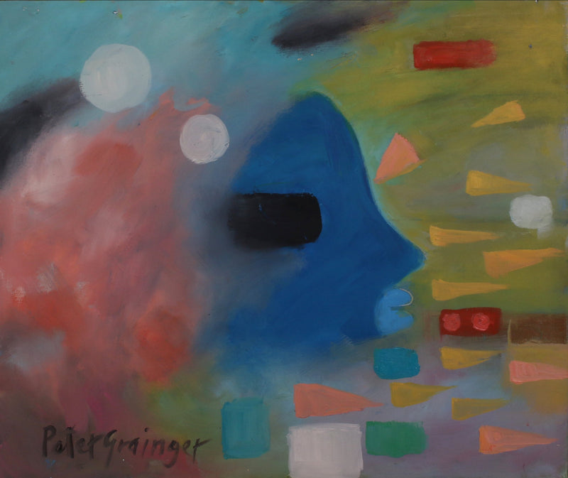 An abstract painting featuring a prominent blue silhouette profile, a pink cloud on the left, and a green-yellow background with scattered geometric shapes, signed 'Petersgränger' in the lower-left corner.