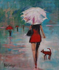 An impressionist-style painting of a woman walking away in the rain, holding a large white umbrella and wearing a red dress, with a small red dog beside her. The background is a soft blend of blue, green, and pink tones, with a few distant red umbrellas.