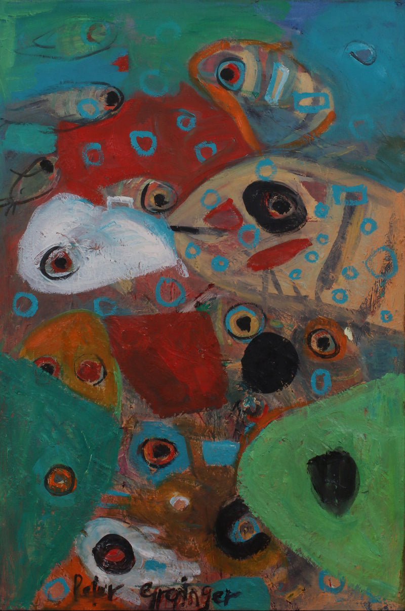 An abstract painting featuring stylized fish and organic shapes in teal, green, red, orange, brown, black, and white, signed 'John O'Grady' at the bottom, presented against a black background.