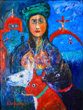 Framed painting of a woman with two dogs against a colorful background