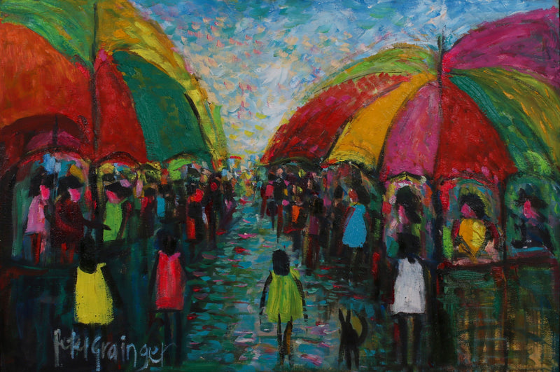 An impressionistic painting of a bustling outdoor market scene with large multicolored umbrellas, people walking, and a blue sky background, presented with a black border.