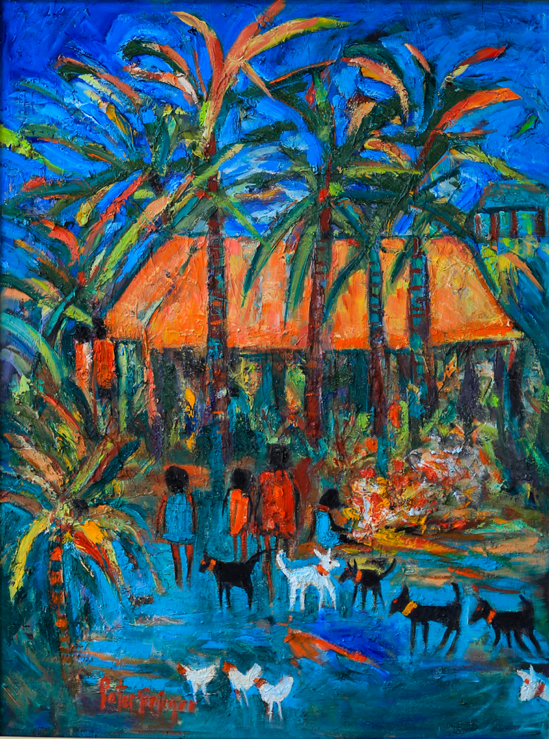 Framed painting of a tropical scene with people, animals, and a hut.