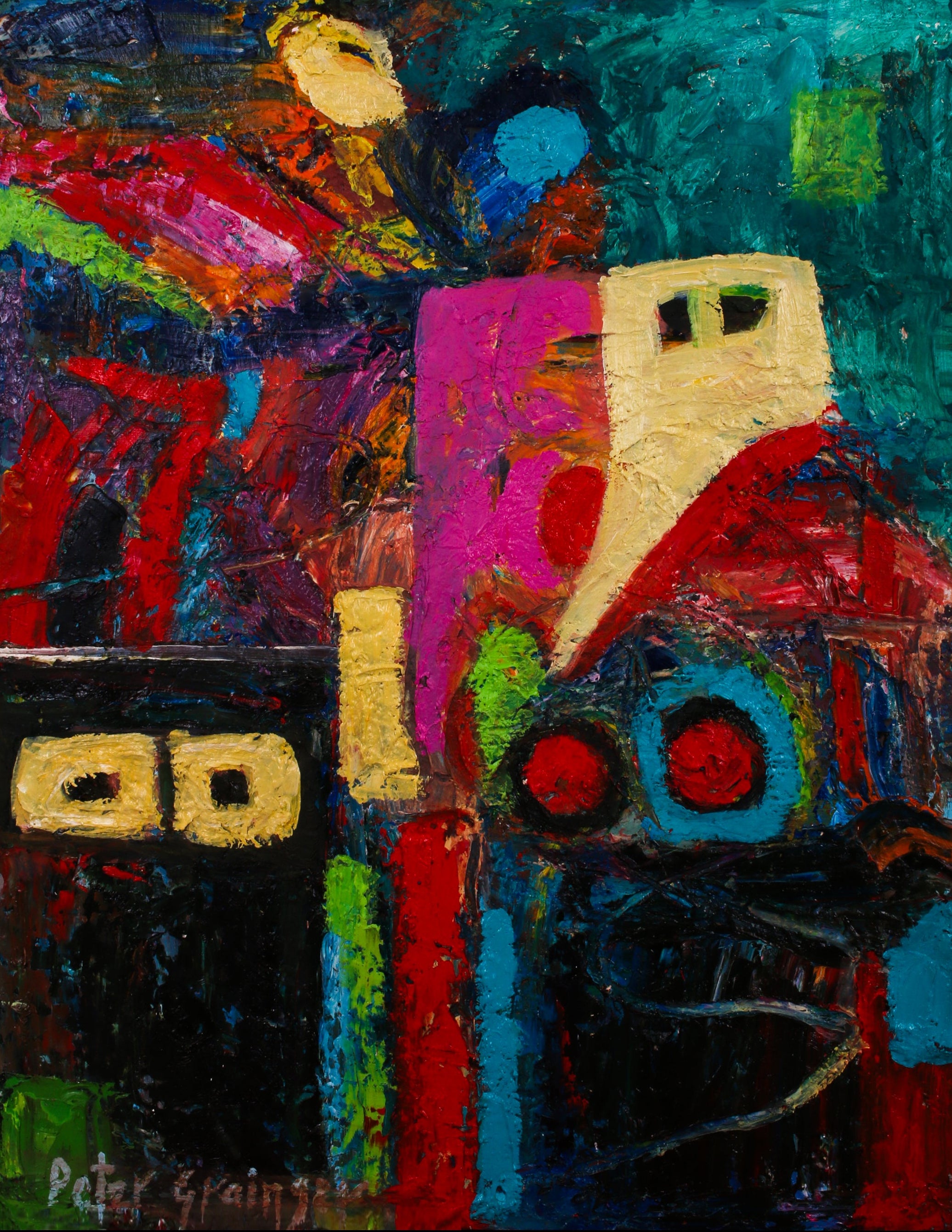 An abstract expressionist painting featuring a vibrant mix of colors including teal, red, pink, yellow, green, and black, with textured impasto brushstrokes and a signature in the lower-left corner.