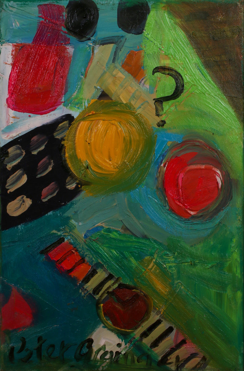 An abstract expressionist painting featuring a colorful still life composition with green, blue, red, yellow, and black brushstrokes, signed 'Bjarne Beinecke' at the bottom.