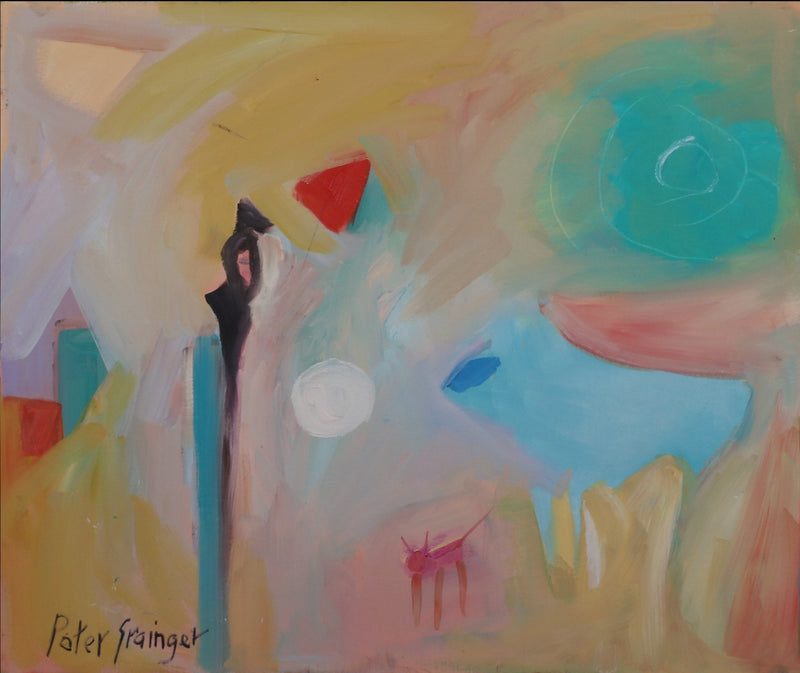 An abstract painting featuring a mix of pastel yellow, teal, pink, blue, and cream brushstrokes, signed 'Peter Frangos' in the bottom-left corner.