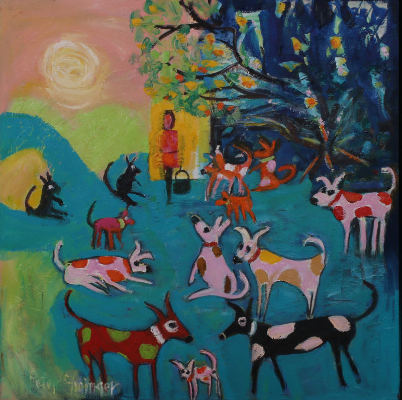 A colorful folk art painting depicting a rural scene with dogs, a person standing near a tree, rolling hills, and a sun, shown against a black background.