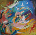Abstract painting with colorful brush strokes and sailboats.