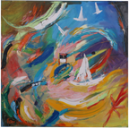 Abstract painting with colorful brush strokes and sailboats.