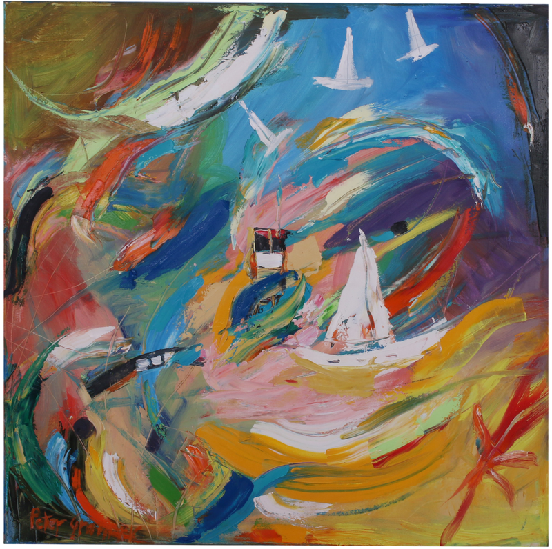 Abstract painting with colorful brush strokes and sailboats.
