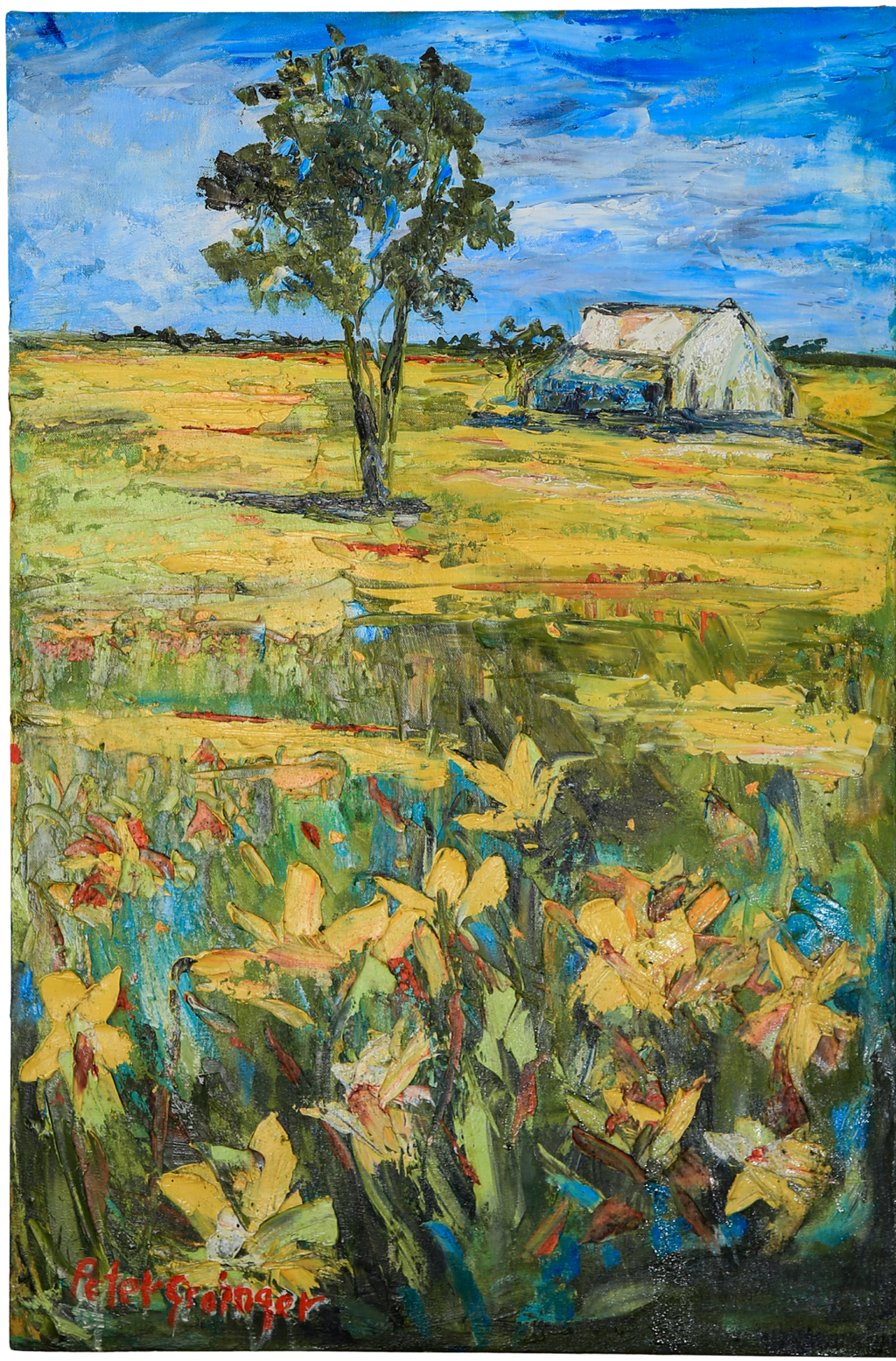 Painting of a rural landscape with a tree, barn, and flowers.