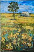 Painting of a rural landscape with a tree, barn, and flowers.