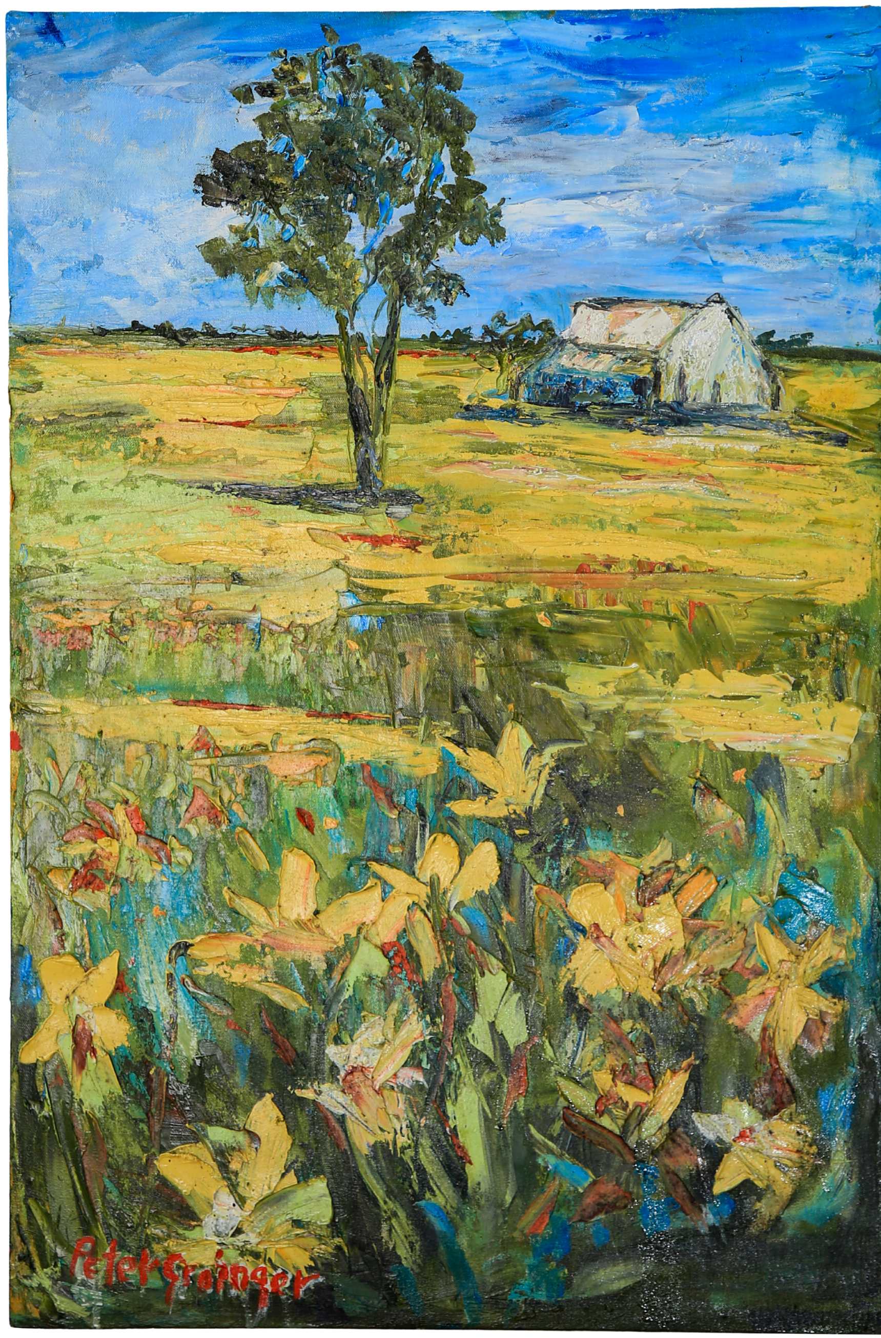 Painting of a rural landscape with a tree, barn, and flowers.
