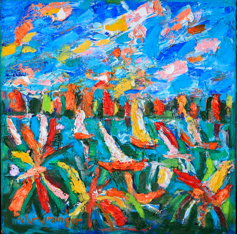 Abstract painting with vibrant colors in a gold frame